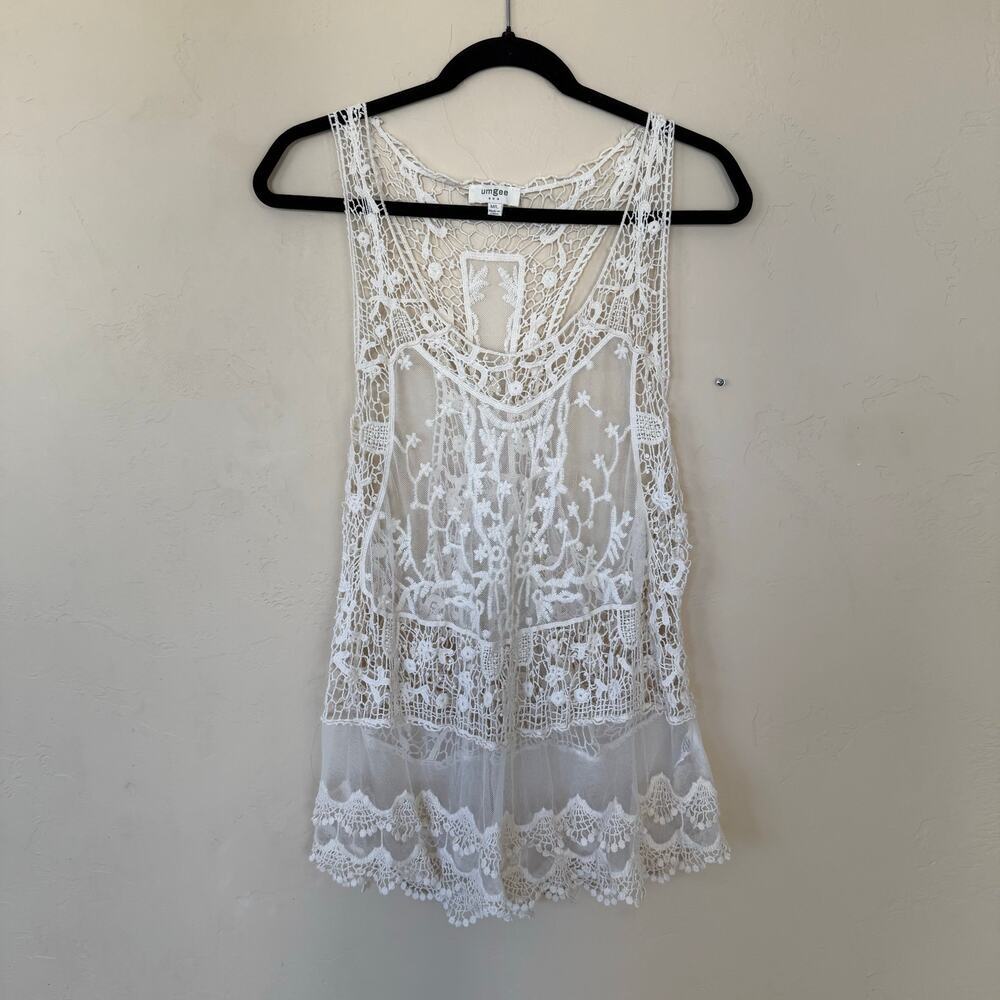 Umgee Lace Crochet Open Back Tank Top M/L Boho Tiered Sheer Cream Romantic - Picture 4 of 10